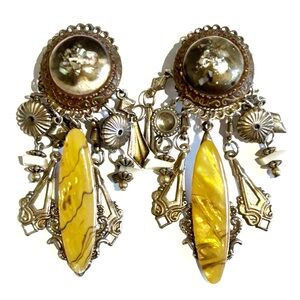 Vintage 1980s Statement Clip On Earrings Gold Tone Yellow Dangling Abalone Shiny